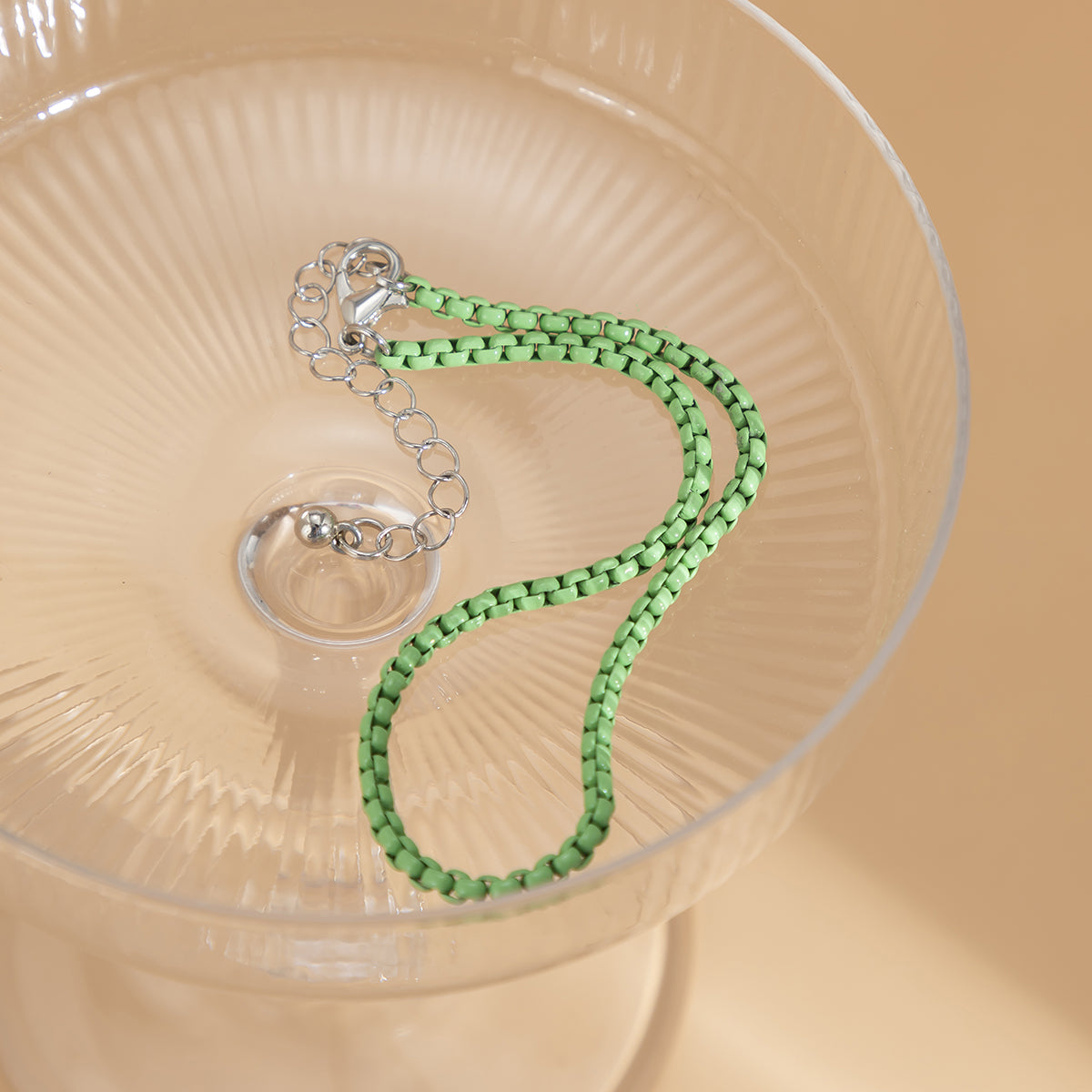 Green Enamel & Silver-Plated Box Chain Anklet