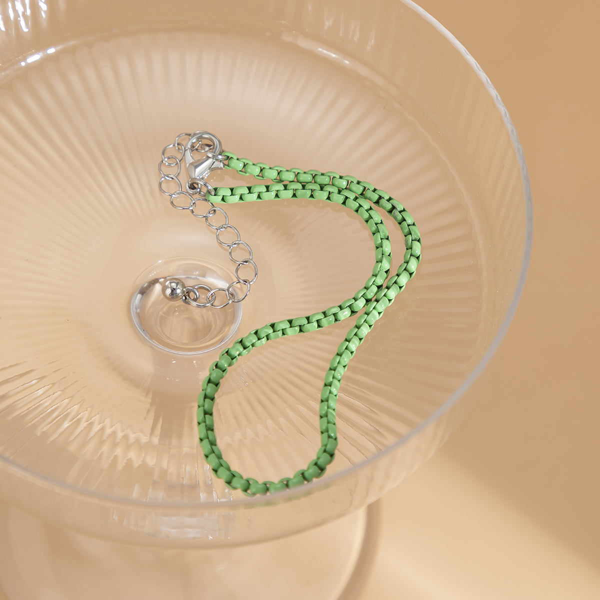 Green Enamel and Silver-Plated Box Chain Anklet, silver anklet bracelet, botanical inspired, detail close-up