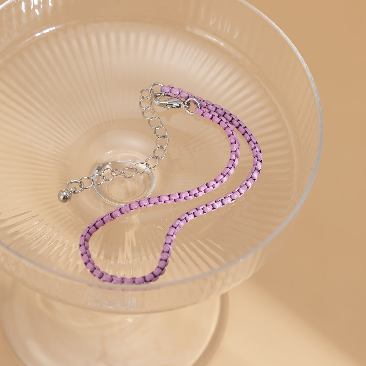 Light Purple Enamel & Silver-Plated Box-Chain Anklet