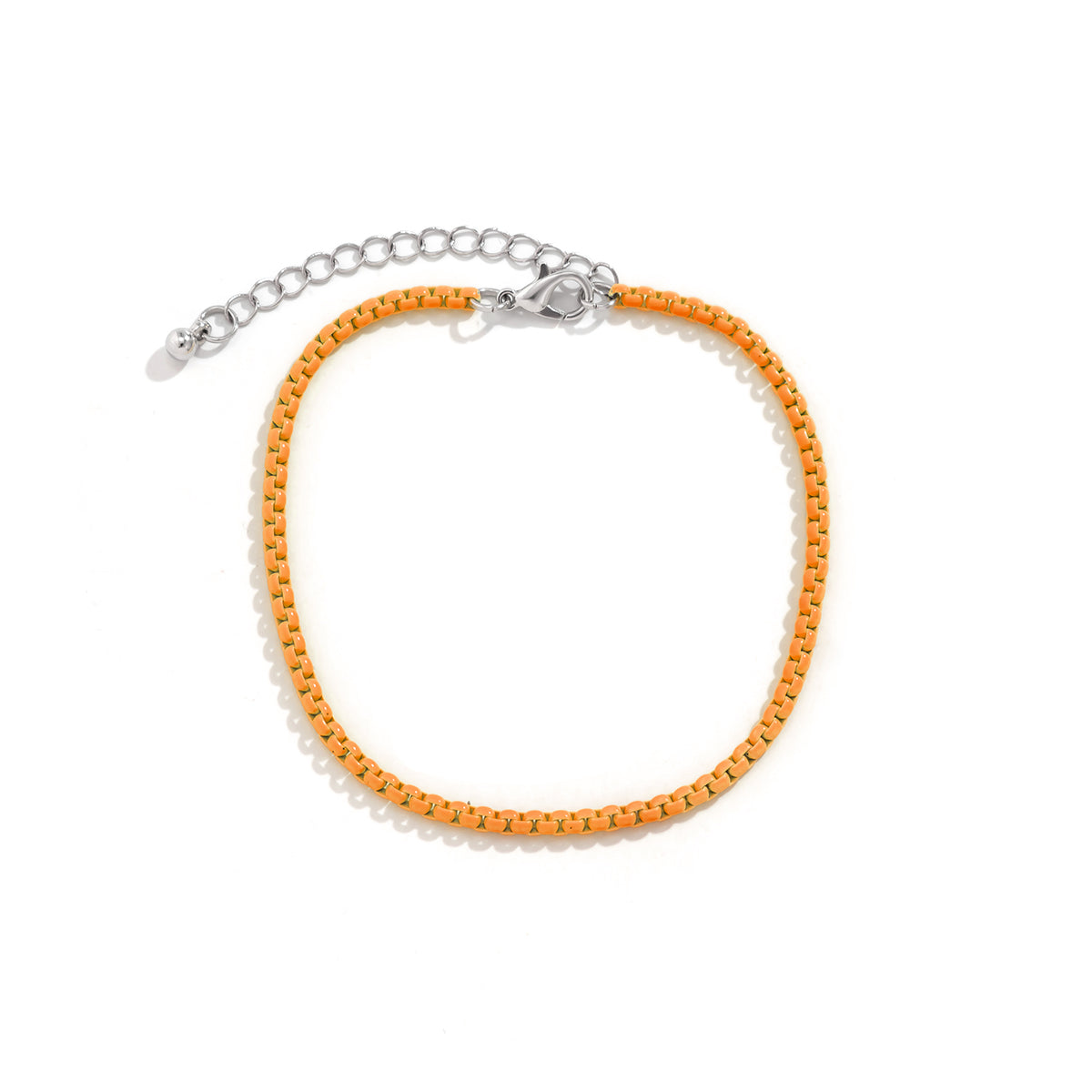 Orange Enamel and Silver-Plated Box Chain Anklet, silver anklet bracelet, everyday style, lifestyle look