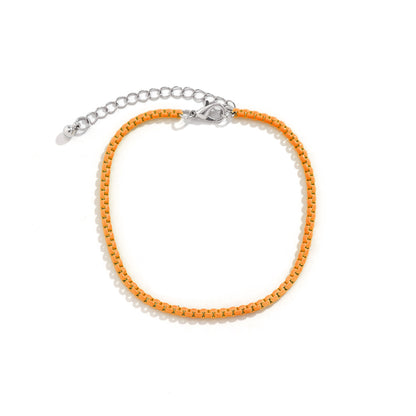 Orange Enamel and Silver-Plated Box Chain Anklet, silver anklet bracelet, everyday style, lifestyle look