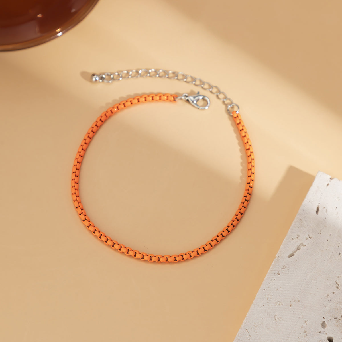 Orange Enamel & Silver-Plated Box Chain Anklet