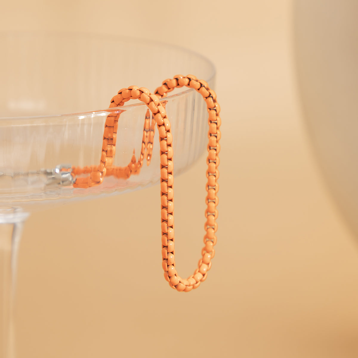 Orange Enamel and Silver-Plated Box Chain Anklet, silver anklet bracelet, everyday style, side view
