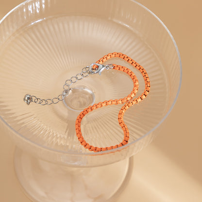 Orange Enamel and Silver-Plated Box Chain Anklet, silver anklet bracelet, everyday style, detail close-up