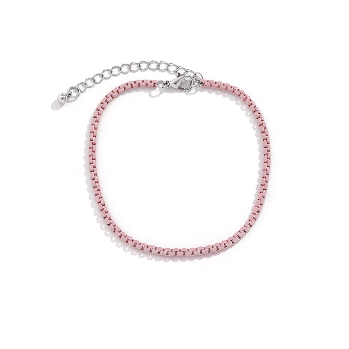 Pink Enamel and Silver-Plated Box-Chain Anklet, silver anklet bracelet, vintage-inspired design, lifestyle look