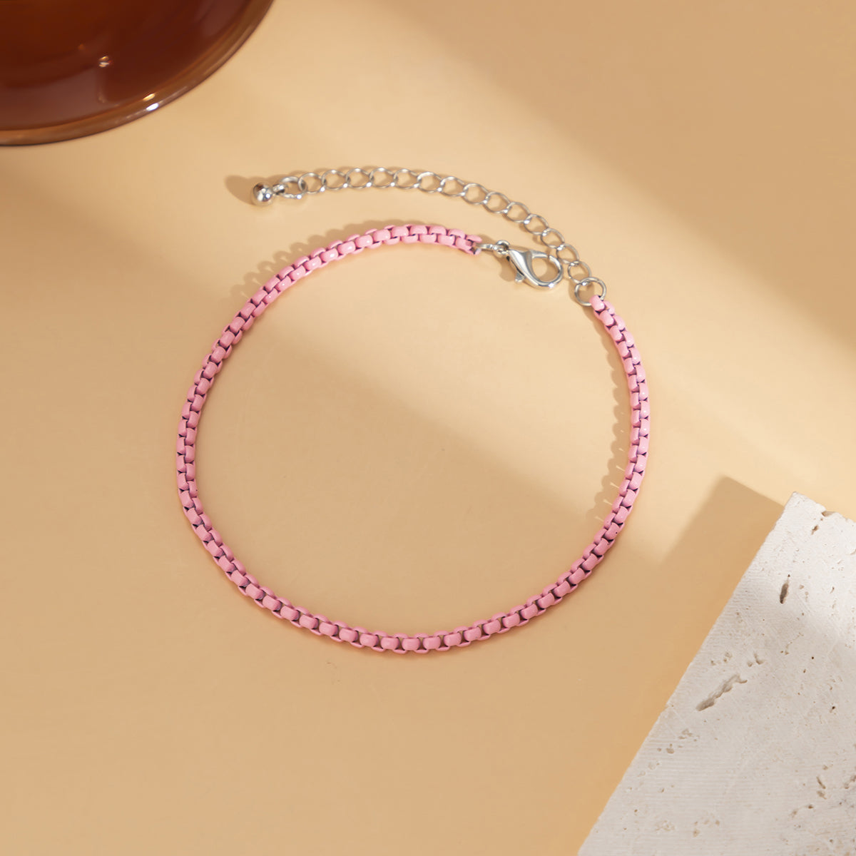 Pink Enamel and Silver-Plated Box-Chain Anklet, silver anklet bracelet, vintage-inspired design, styled look