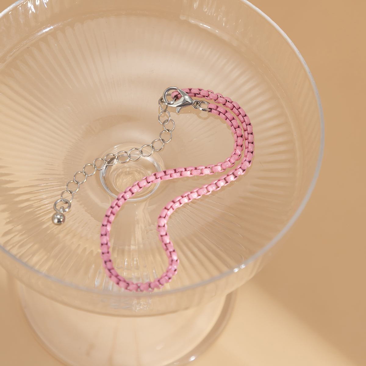 Pink Enamel and Silver-Plated Box-Chain Anklet, silver anklet bracelet, vintage-inspired design, detail close-up