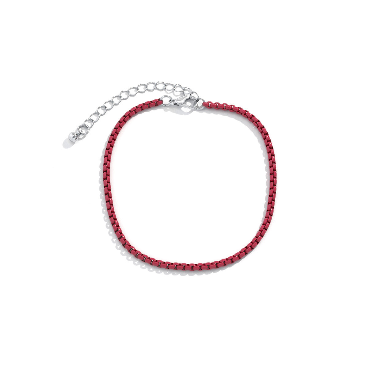 Red Enamel and Silver-Plated Box-Chain Anklet, silver anklet bracelet, dainty minimalist design, lifestyle look