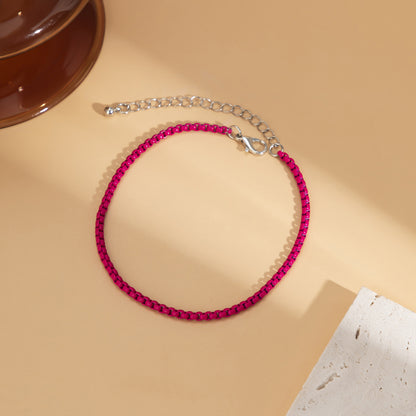 Red Enamel and Silver-Plated Box-Chain Anklet, silver anklet bracelet, dainty minimalist design, styled look