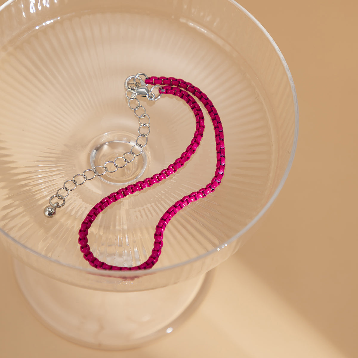 Red Enamel and Silver-Plated Box-Chain Anklet, silver anklet bracelet, dainty minimalist design, detail close-up