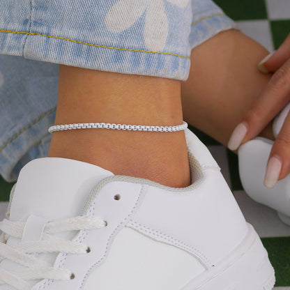 White Enamel and Silver-Plated Box Chain Anklet, silver anklet bracelet, botanical inspired, front view