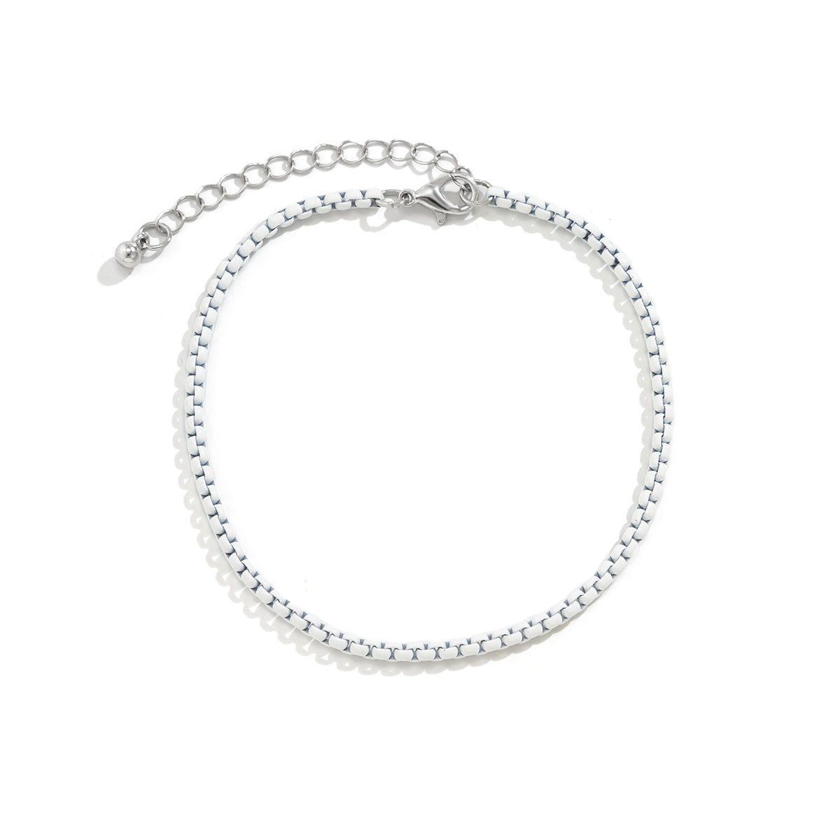 White Enamel and Silver-Plated Box Chain Anklet, silver anklet bracelet, botanical inspired, lifestyle look