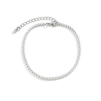 White Enamel and Silver-Plated Box Chain Anklet, silver anklet bracelet, botanical inspired, lifestyle look