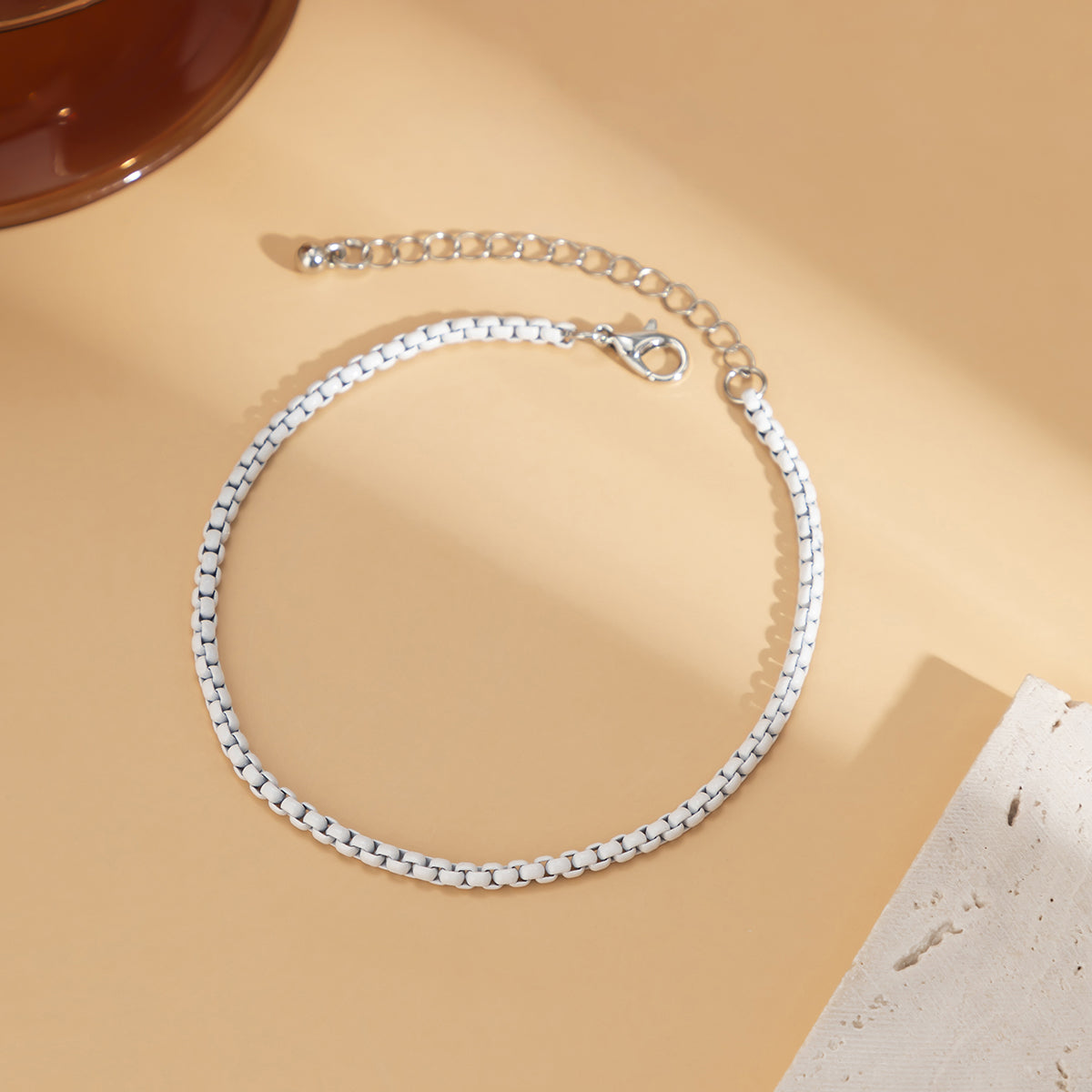 White Enamel and Silver-Plated Box Chain Anklet, silver anklet bracelet, botanical inspired, styled look