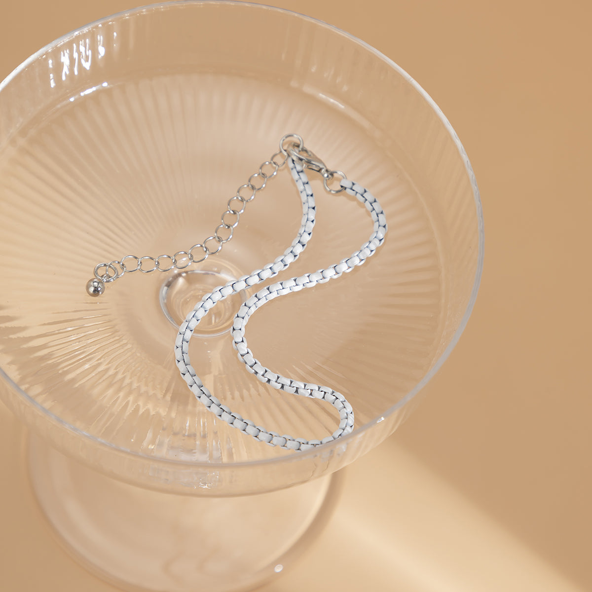 White Enamel and Silver-Plated Box Chain Anklet, silver anklet bracelet, botanical inspired, detail close-up