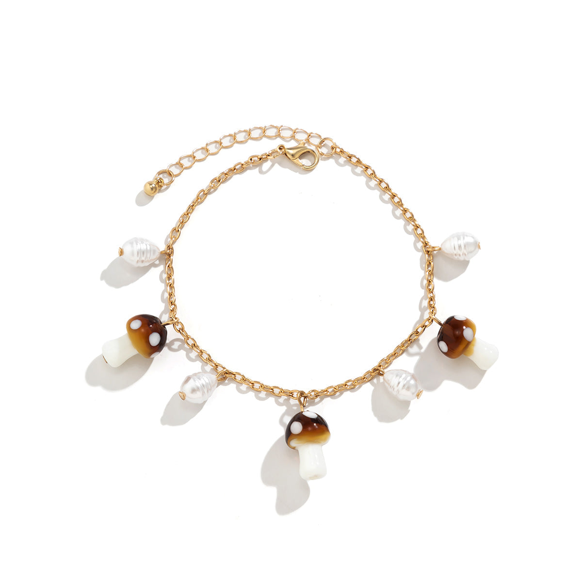 Brown Acrylic & Pearl 18K Gold-Plated Mushroom Anklet