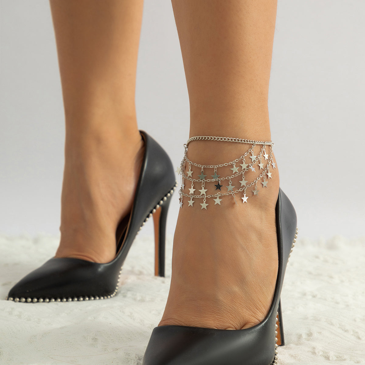 Silver-Plated Star Tassel Layered Anklet, silver anklet bracelet, everyday style, front view
