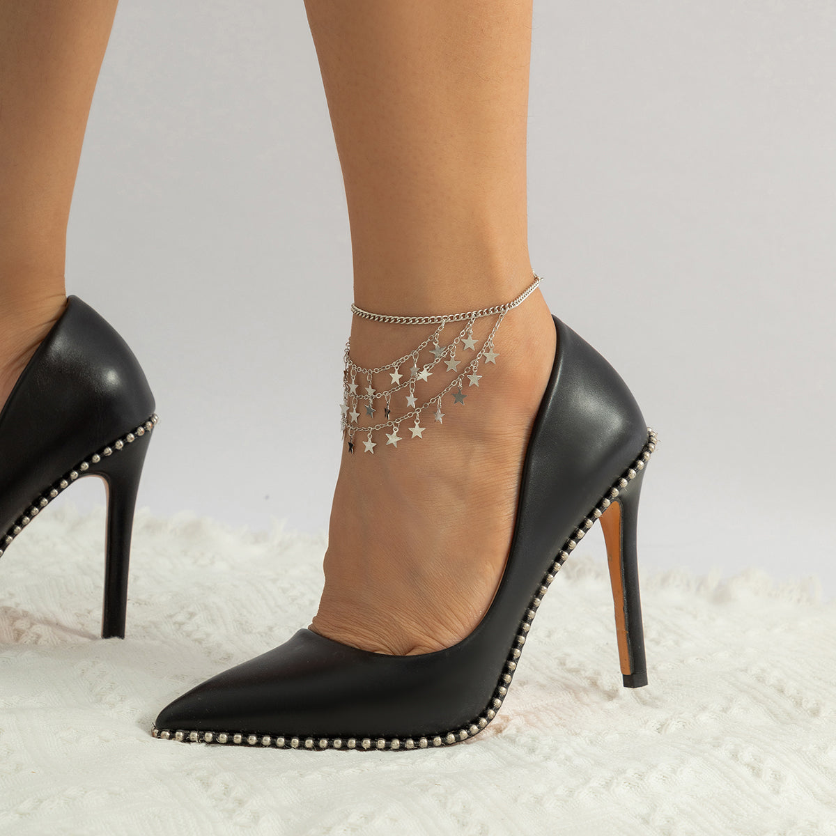 Silver-Plated Star Tassel Layered Anklet, silver anklet bracelet, everyday style, side view
