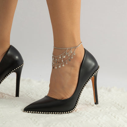 Silver-Plated Star Tassel Layered Anklet, silver anklet bracelet, everyday style, side view