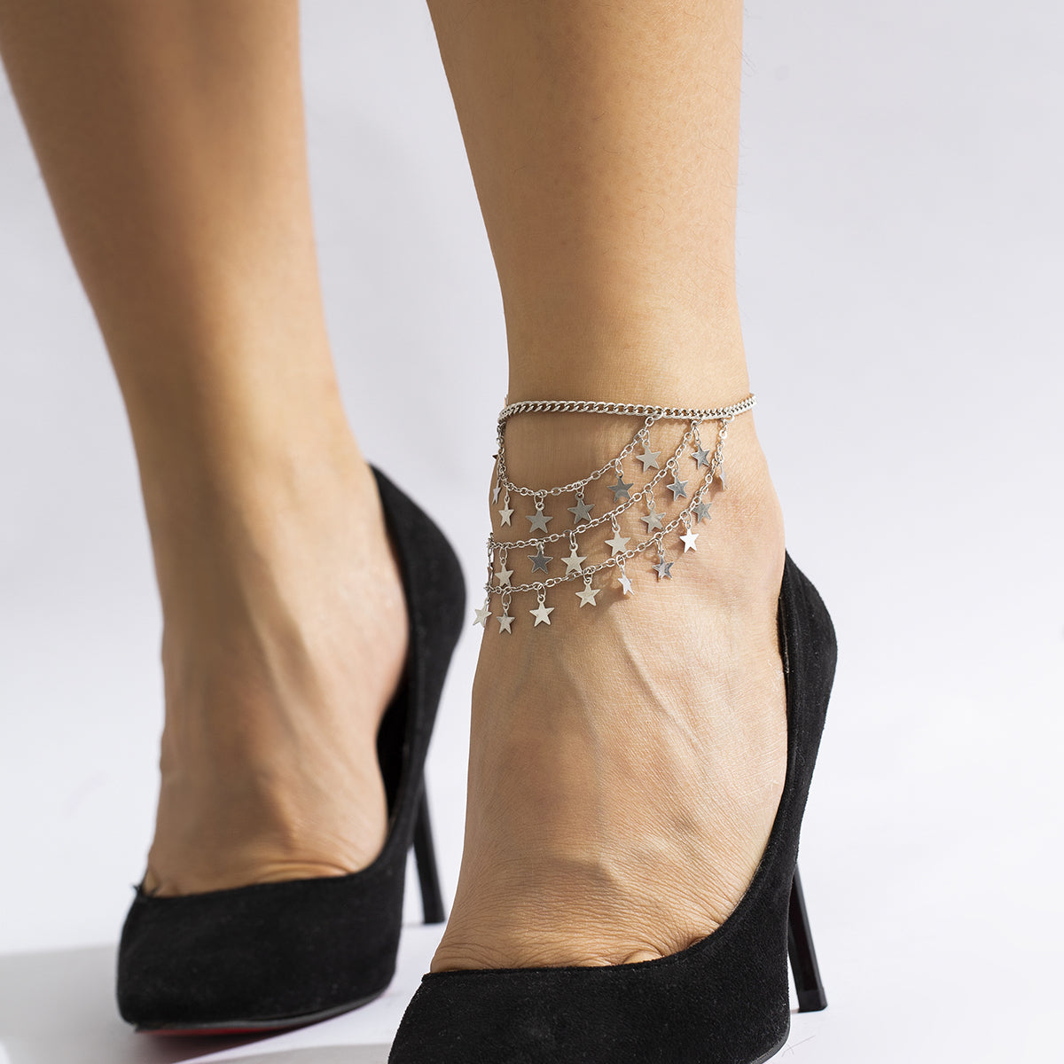 Silver-Plated Star Tassel Layered Anklet