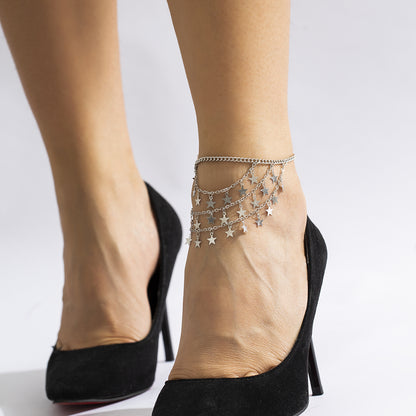 Silver-Plated Star Tassel Layered Anklet, silver anklet bracelet, everyday style, detail close-up
