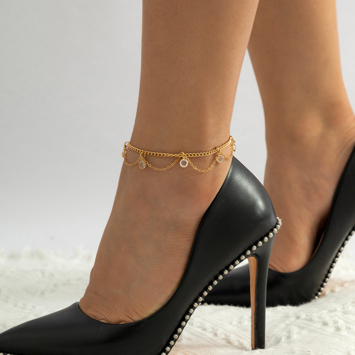 Cubic Zirconia & 18K Gold-Plated Station Anklet