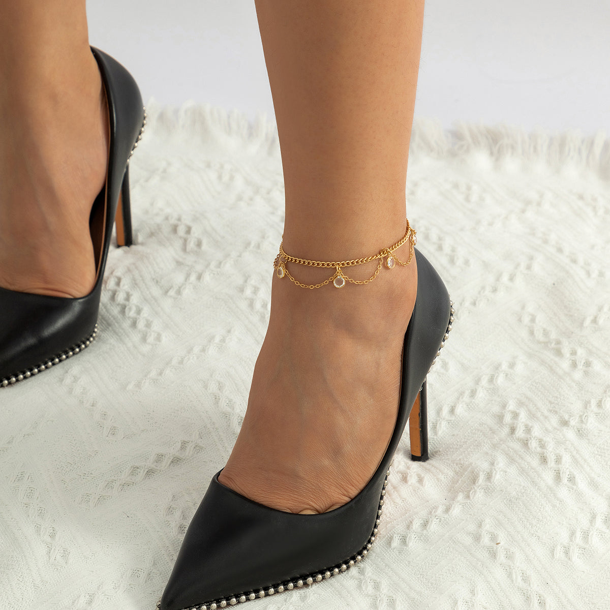 Cubic Zirconia & 18K Gold-Plated Station Anklet