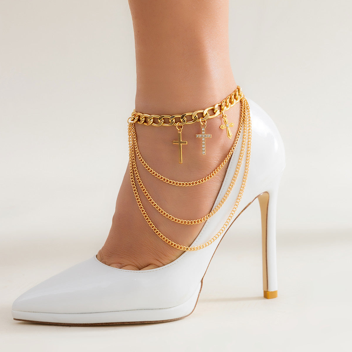 Cubic Zirconia & 18K Gold-Plated Cross Charm Layered Anklet