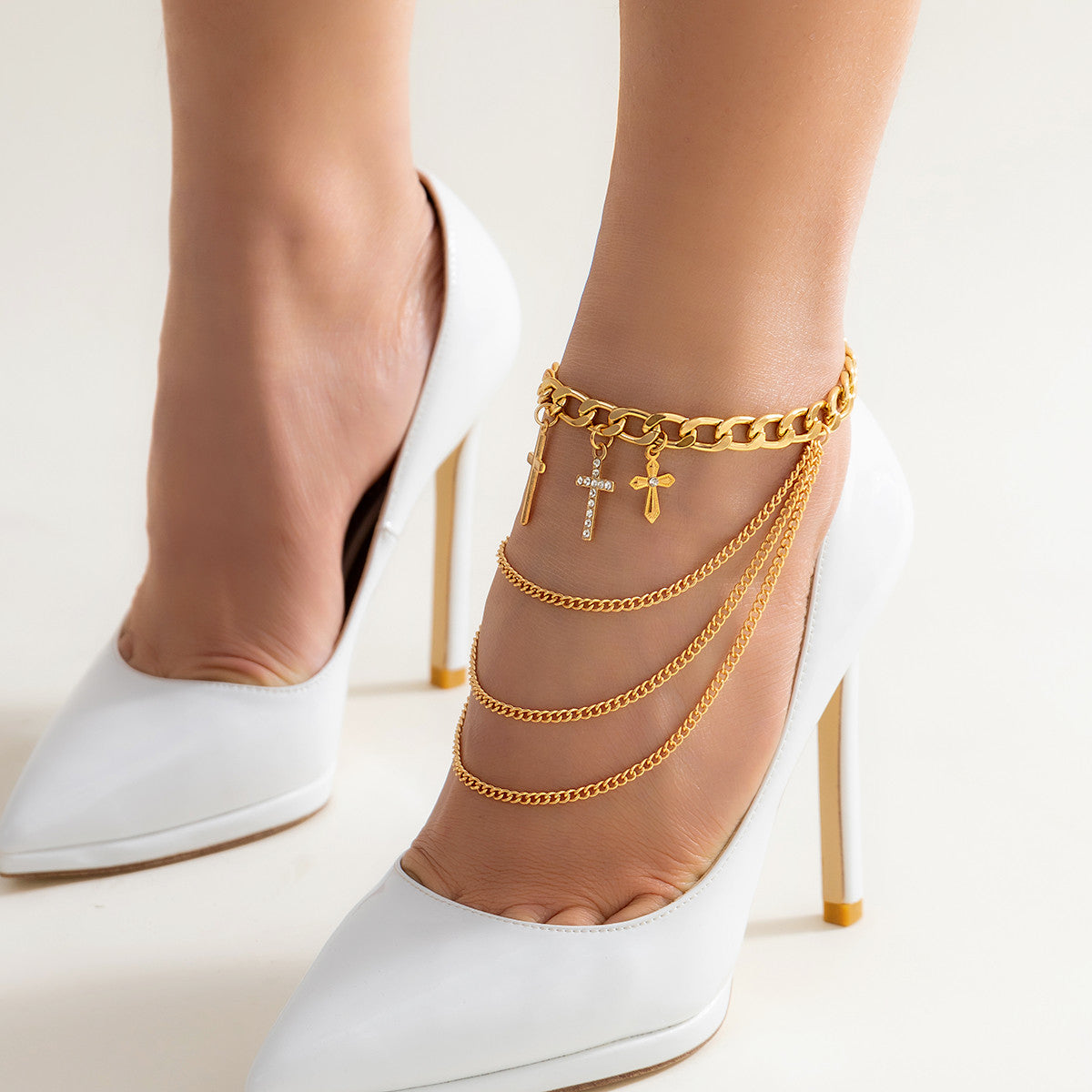 Cubic Zirconia & 18K Gold-Plated Cross Charm Layered Anklet