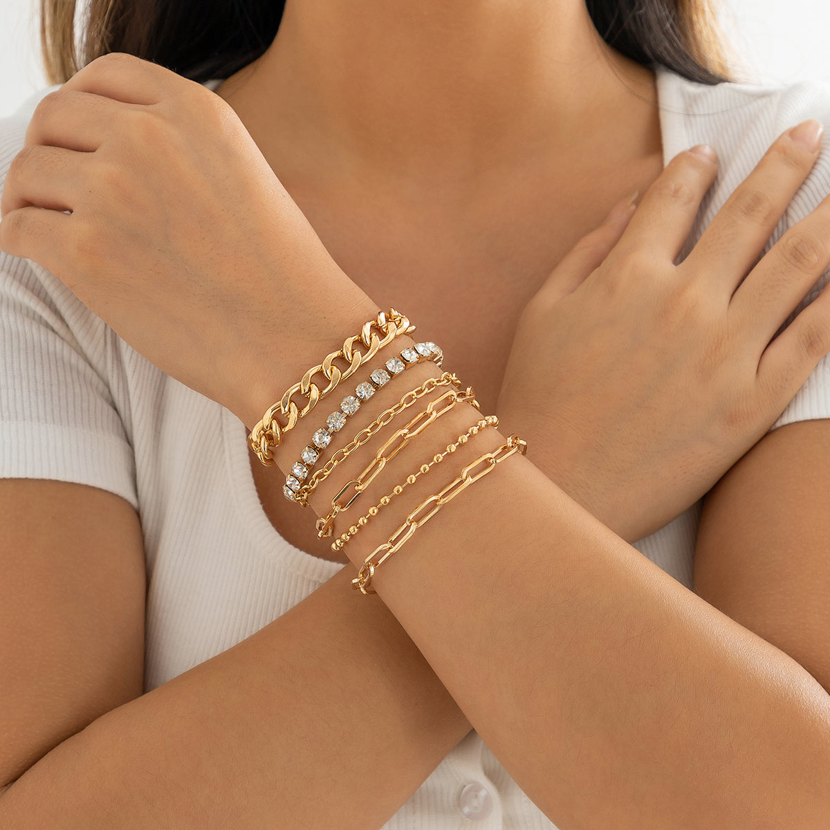 Cubic Zirconia and 18K Gold-Plated Tennis Bracelet Set, jewelry gift sets for women, dainty minimalist design, side view