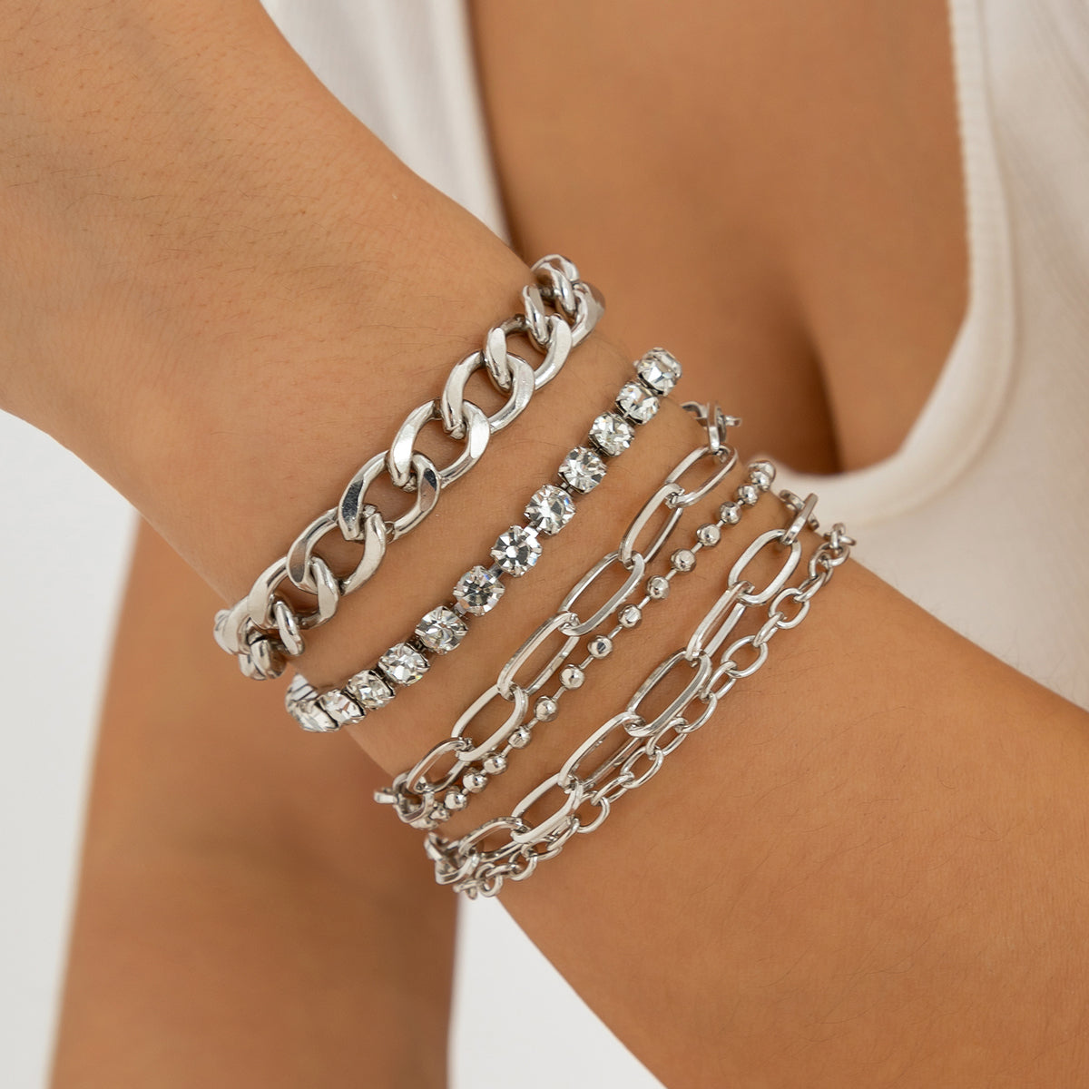 Cubic Zirconia and Silver-Plated Tennis Bracelet Set, jewelry gift sets for women, dainty minimalist design, side view
