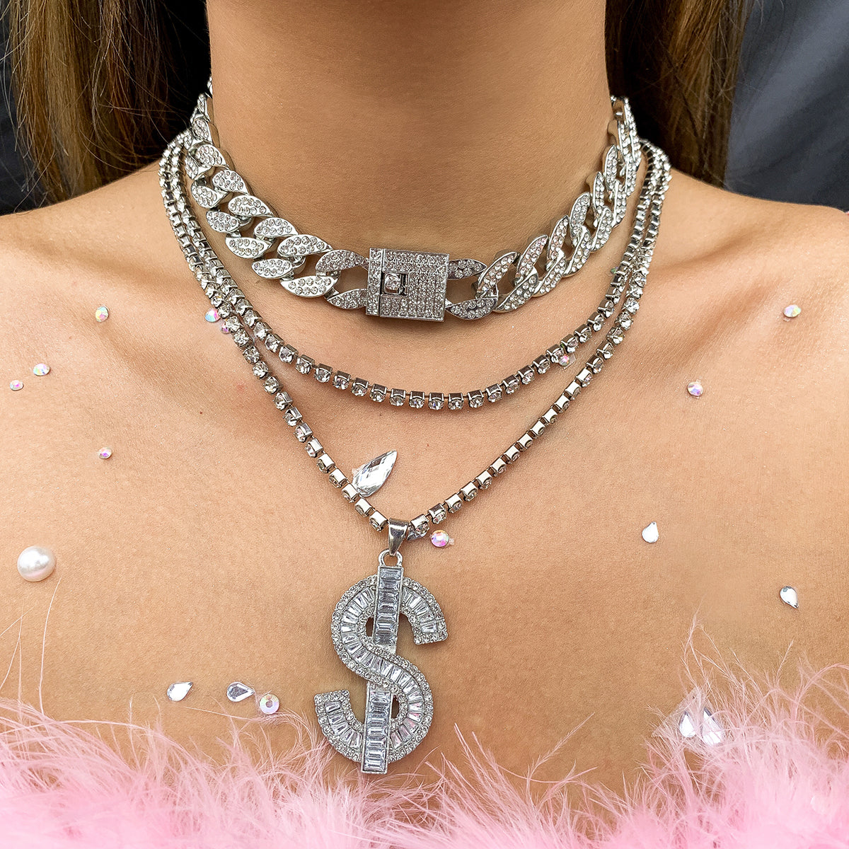 Cubic Zirconia & Silver-Plated Dollar Sign Pendant Necklace Set