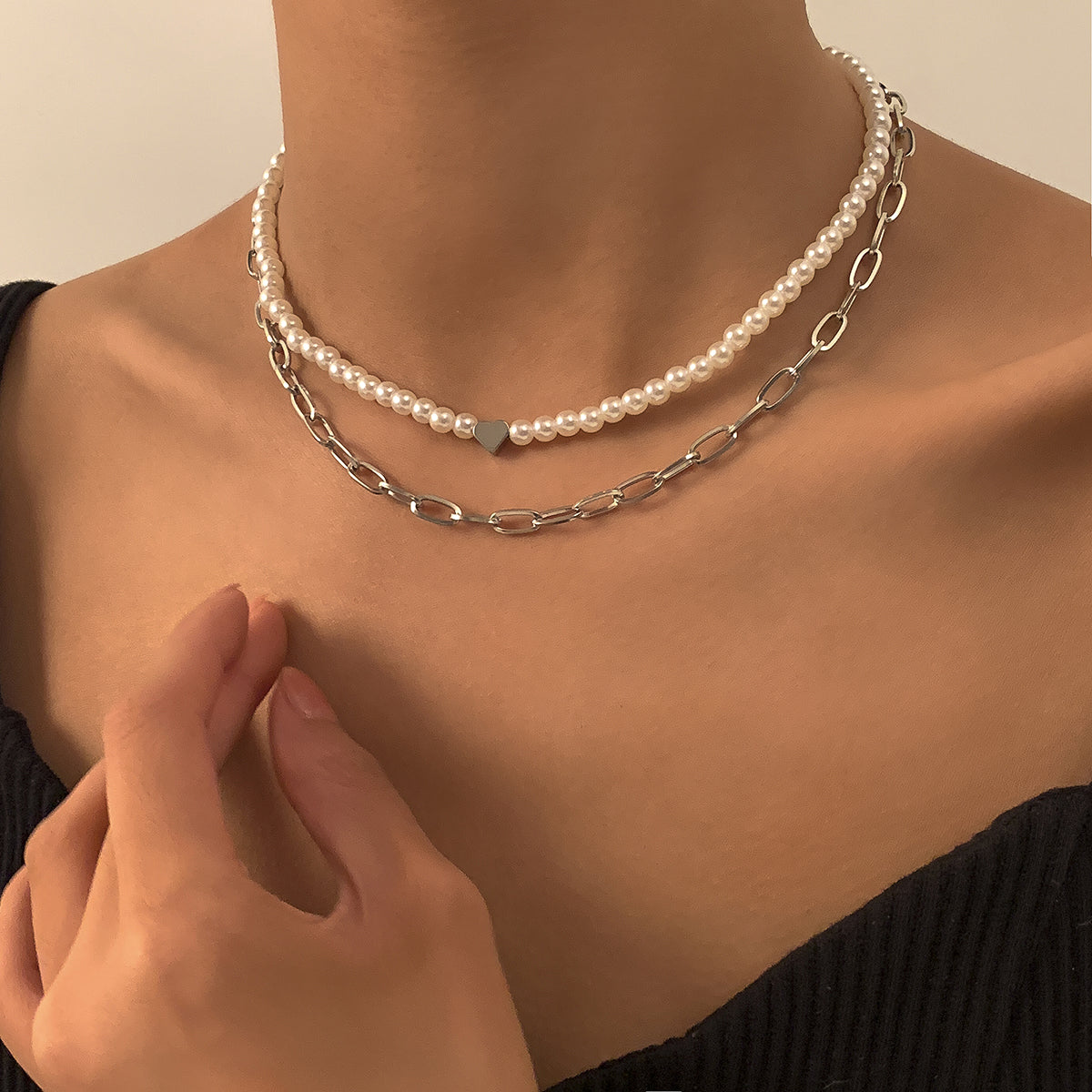 Pearl and Silver-Plated Heart Necklace Set, jewelry gift sets for women, everyday style, front view