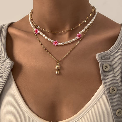 Pink Howlite and Pearl 18K Gold-Plated Mushroom Pendant Necklace Set, jewelry gift sets for women, front view