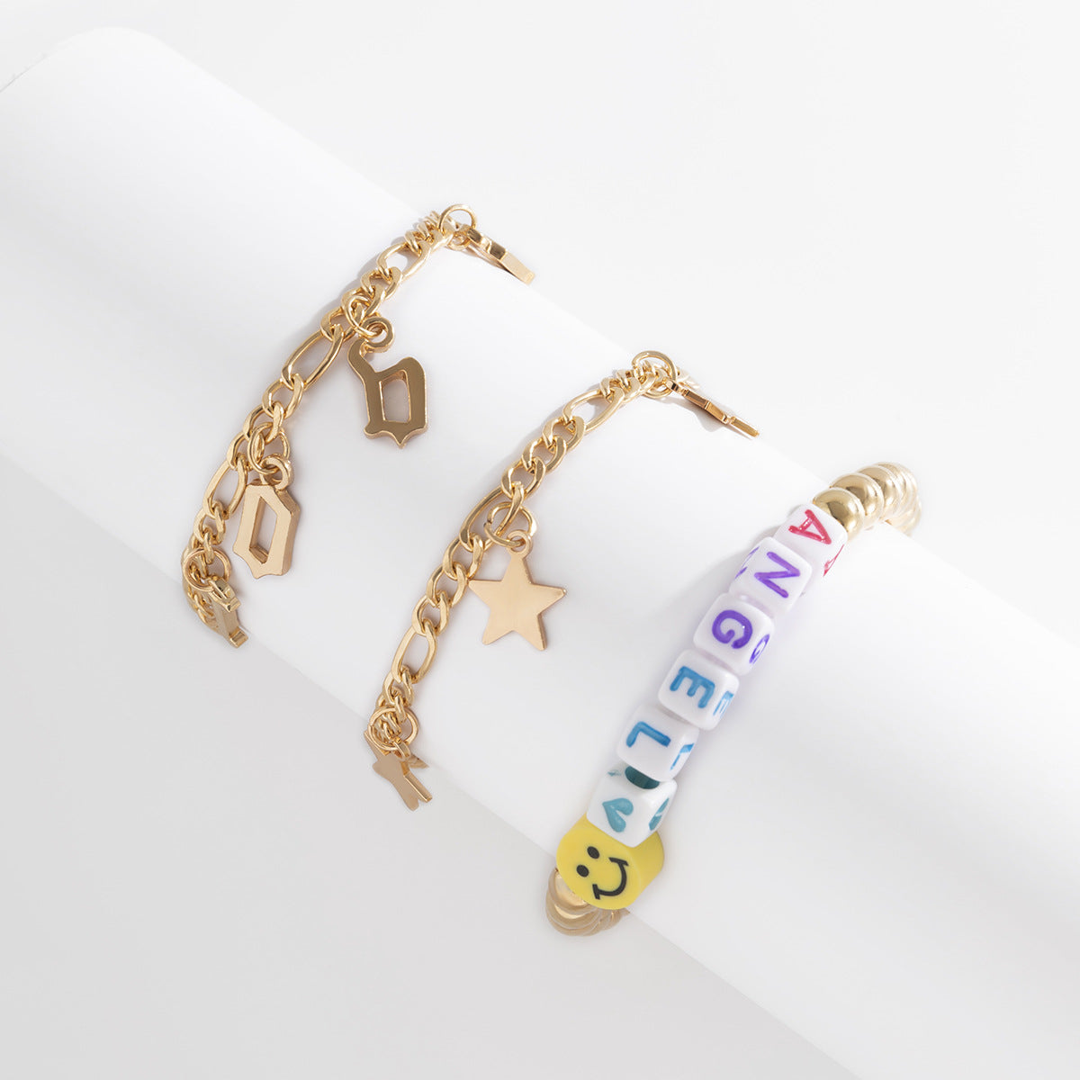 White Acrylic & 18K Gold-Plated 'Love Angel' Beaded Stretch Bracelet Set