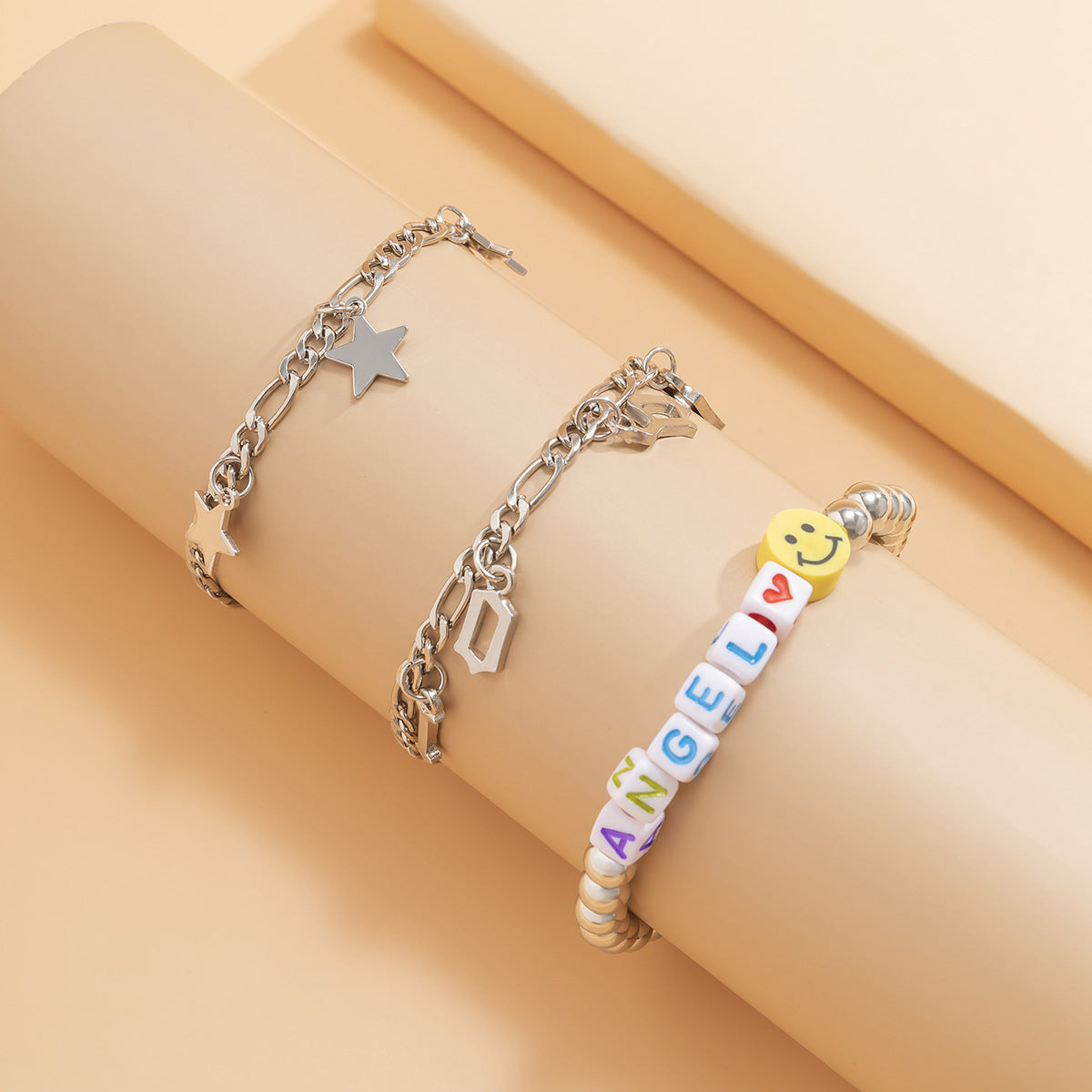 White Acrylic and Silver-Plated 'Love Angel' Beaded Stretch Bracelet Set, jewelry gift sets for women, styled look