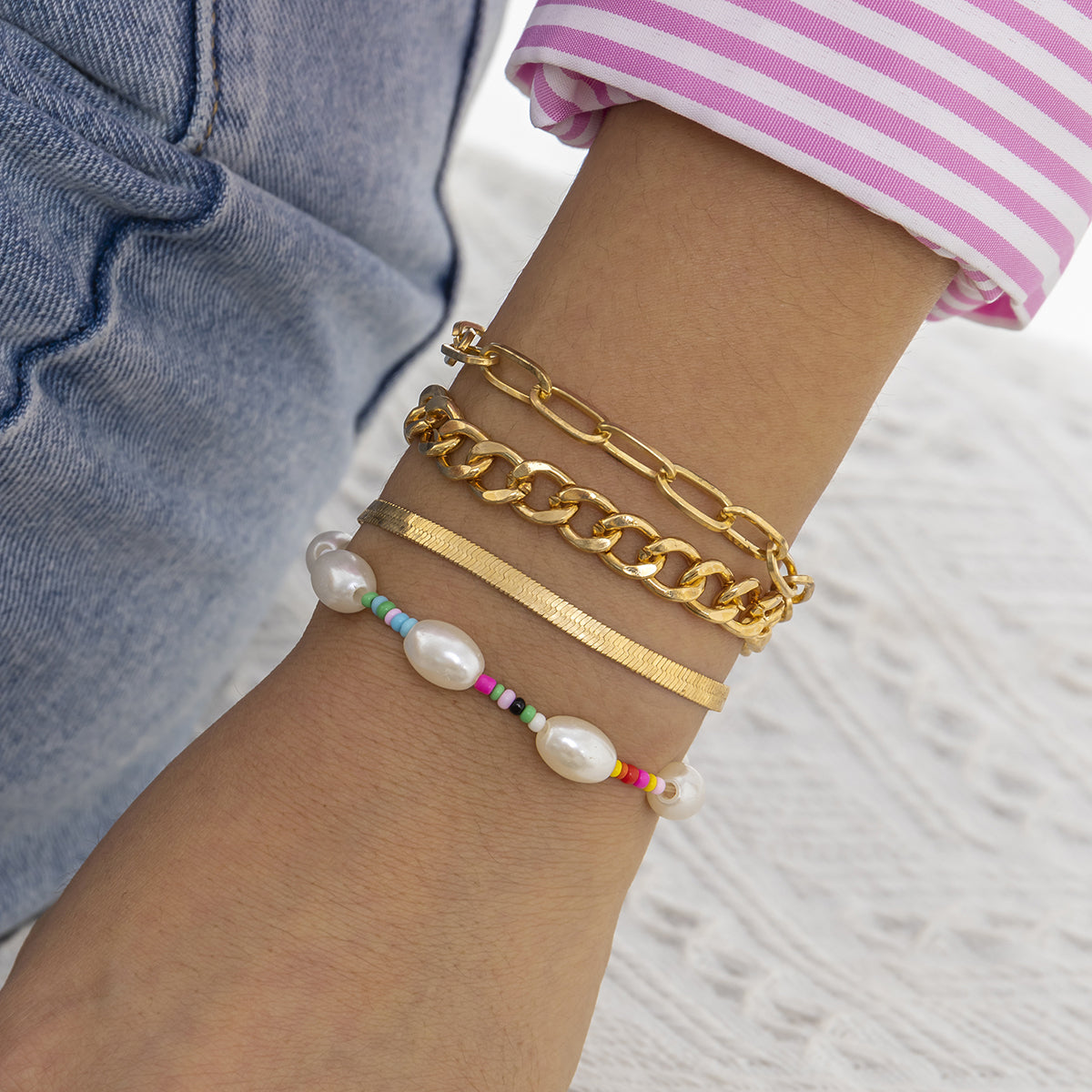 Multicolor Howlite and Pearl Beaded Stretch Bracelet Set, jewelry gift sets for women, botanical inspired, front view