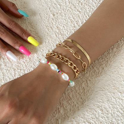 Multicolor Howlite and Pearl Beaded Stretch Bracelet Set, jewelry gift sets for women, botanical inspired, side view