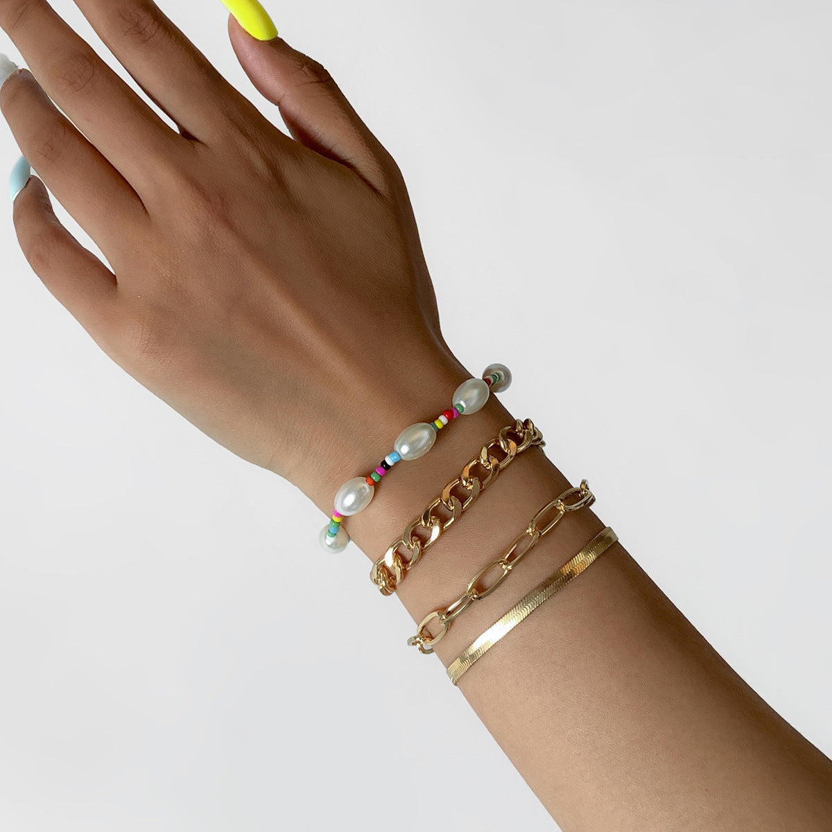 Multicolor Howlite and Pearl Beaded Stretch Bracelet Set, jewelry gift sets for women, botanical inspired, detail close-up