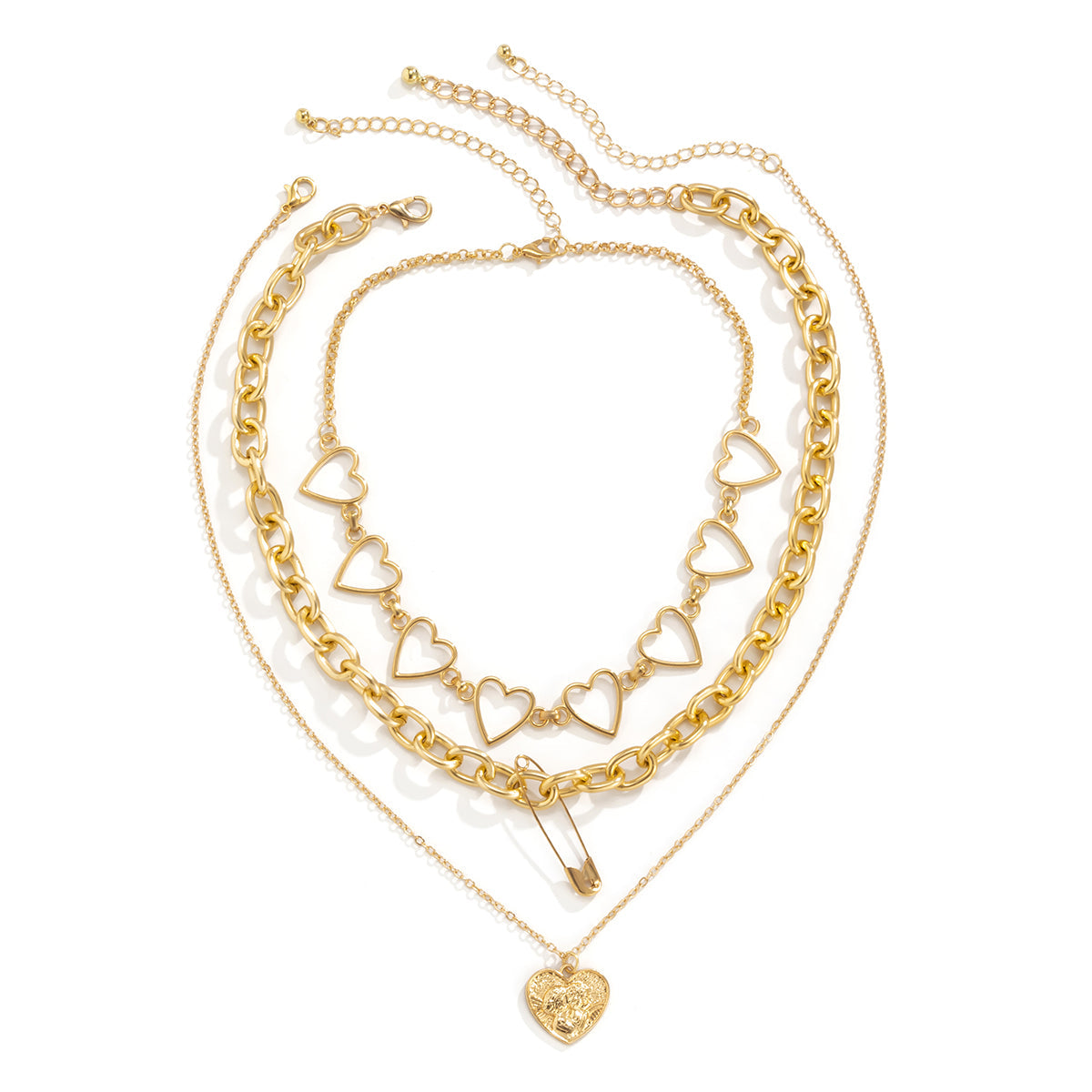 18K Gold-Plated Heart Chain Safety Pin Pendant Necklace Set