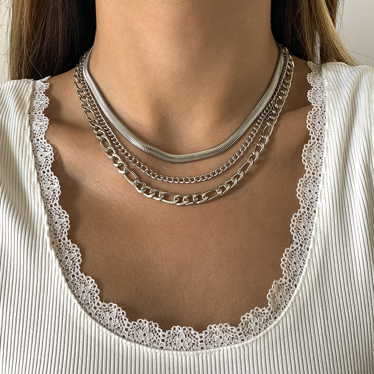 Silver-Plated Snake & Curb Chain Necklace Set