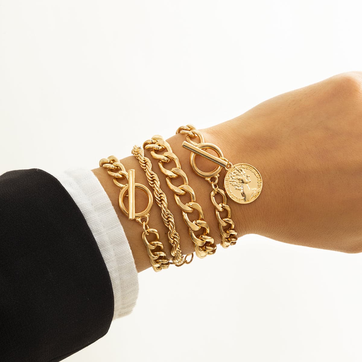 18K Gold-Plated Coin Toggle Chain Bracelet Set, jewelry gift sets for women, elegant gift for her, front view