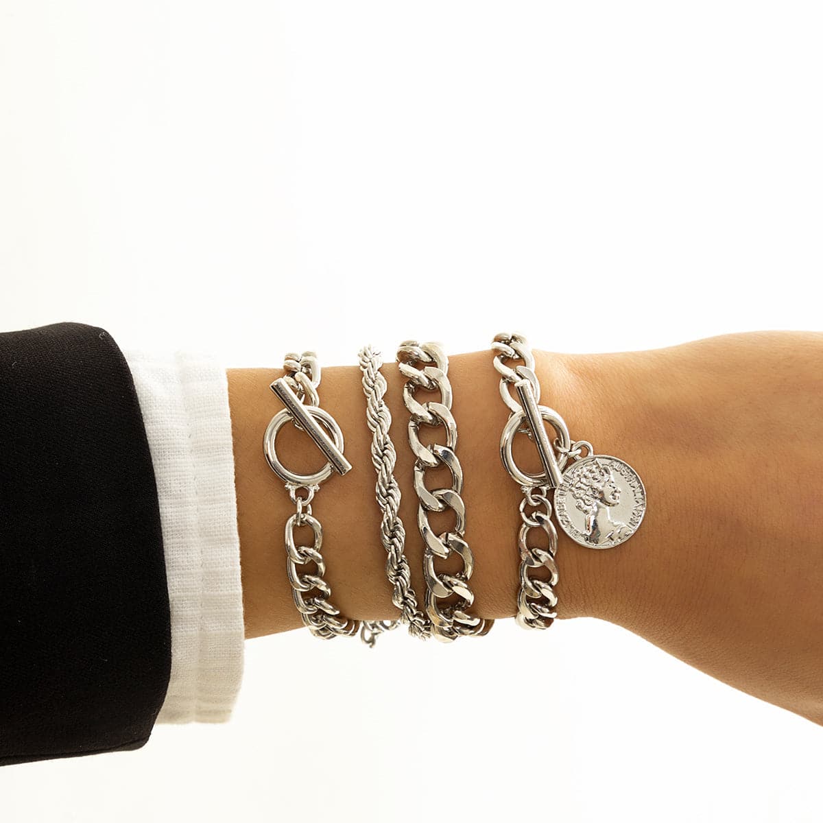 Silver-Plated Coin Toggle Chain Bracelet Set, jewelry gift sets for women, vintage-inspired design, front view