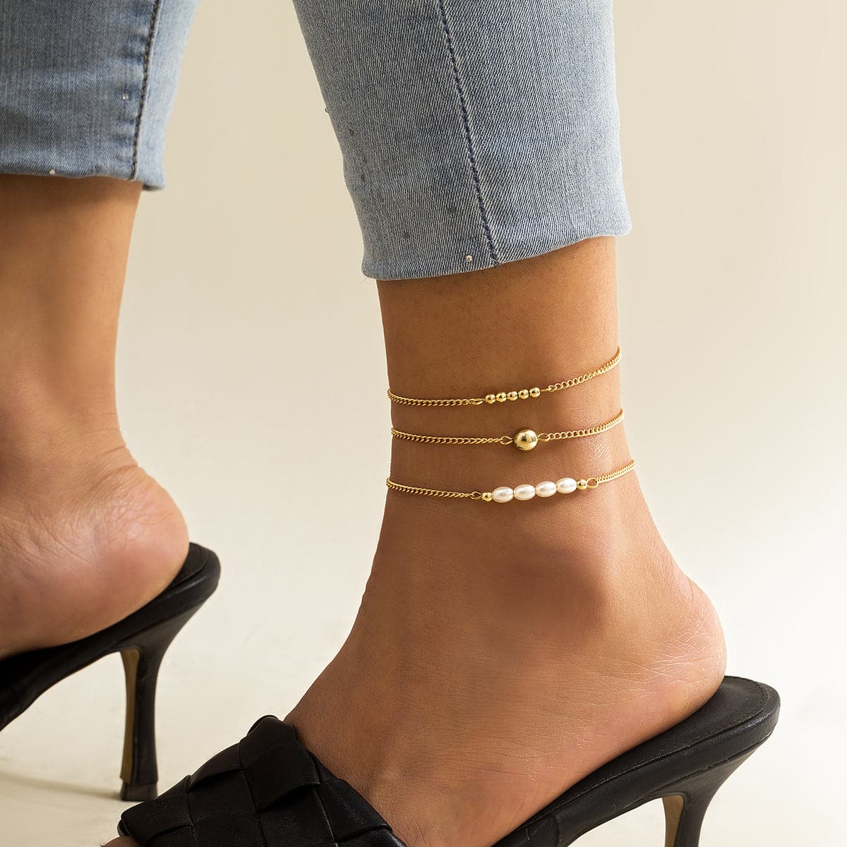 Pearl and 18K Gold-Plated Beaded Anklet Set, jewelry gift sets for women, vintage-inspired design, front view