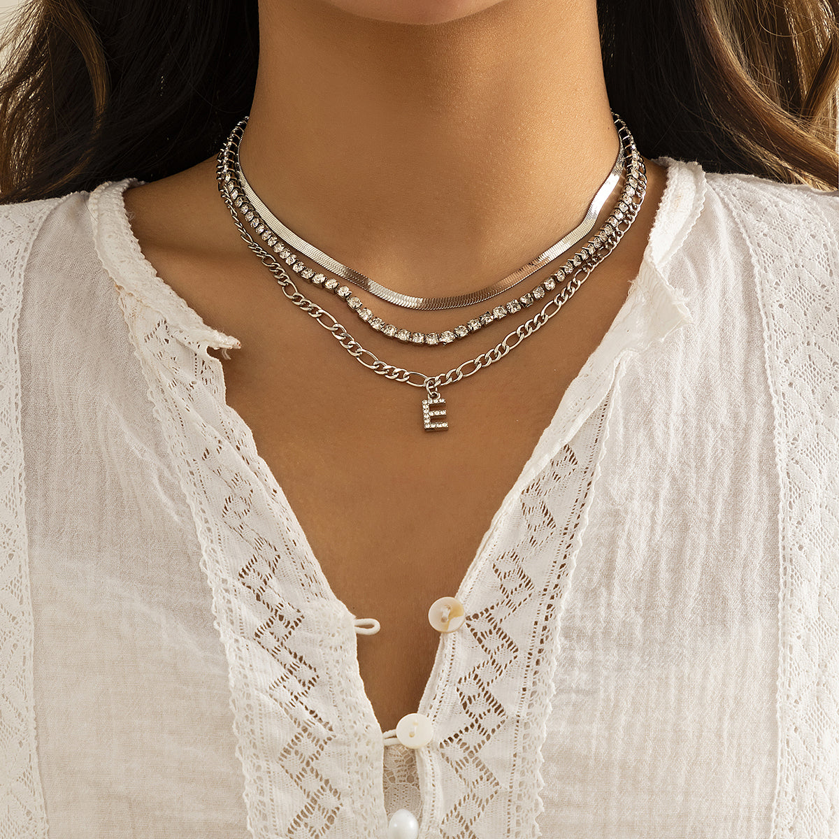 Cubic Zirconia and Silver-Plated Letter 'E' Chain Link Necklace Set, jewelry gift sets for women, front view