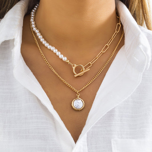 Pearl and 18K Gold-Plated Toggle Necklace Set, jewelry gift sets for women, everyday style, front view