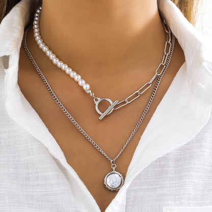 Pearl and Silver-Plated Necklace Set, jewelry gift sets for women, dainty minimalist design, front view