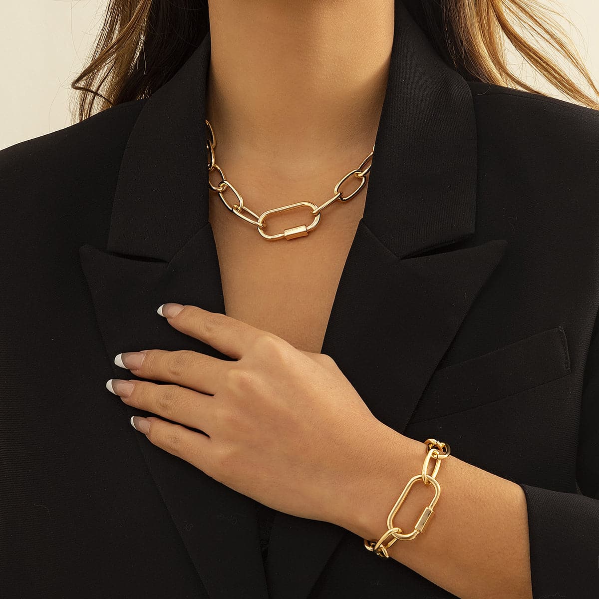 18K Gold-Plated Chunky Cable Chain and Bracelet, jewelry gift sets for women, everyday style, front view
