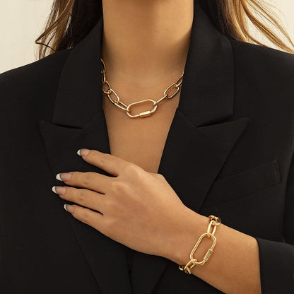 18K Gold-Plated Chunky Cable Chain and Bracelet, jewelry gift sets for women, everyday style, front view