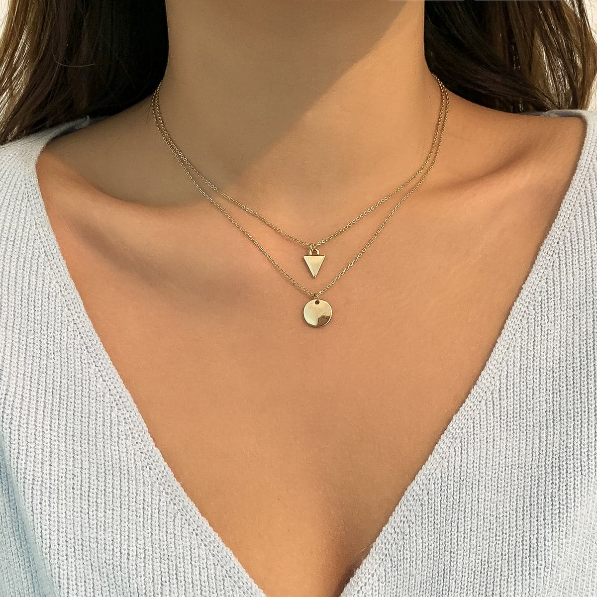 18K Gold-Plated Round and Triangle Pendant Necklace Set, jewelry gift sets for women, elegant gift for her, front view